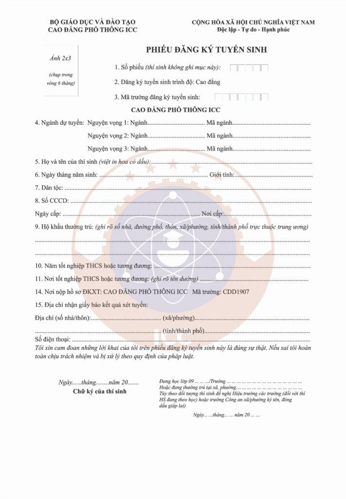 Phiếu đăng ký xét tuyển Cao đẳng Phổ thông ICC